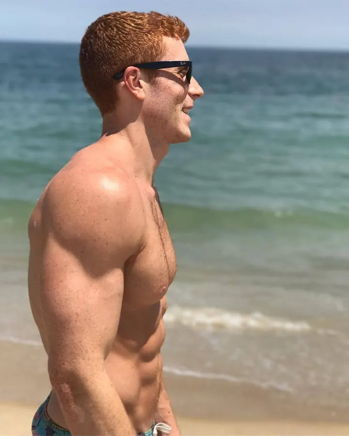 Homme aux cheveux roux courts, torse nu, portant des lunettes de soleil, debout sur une plage, regardant vers la mer.